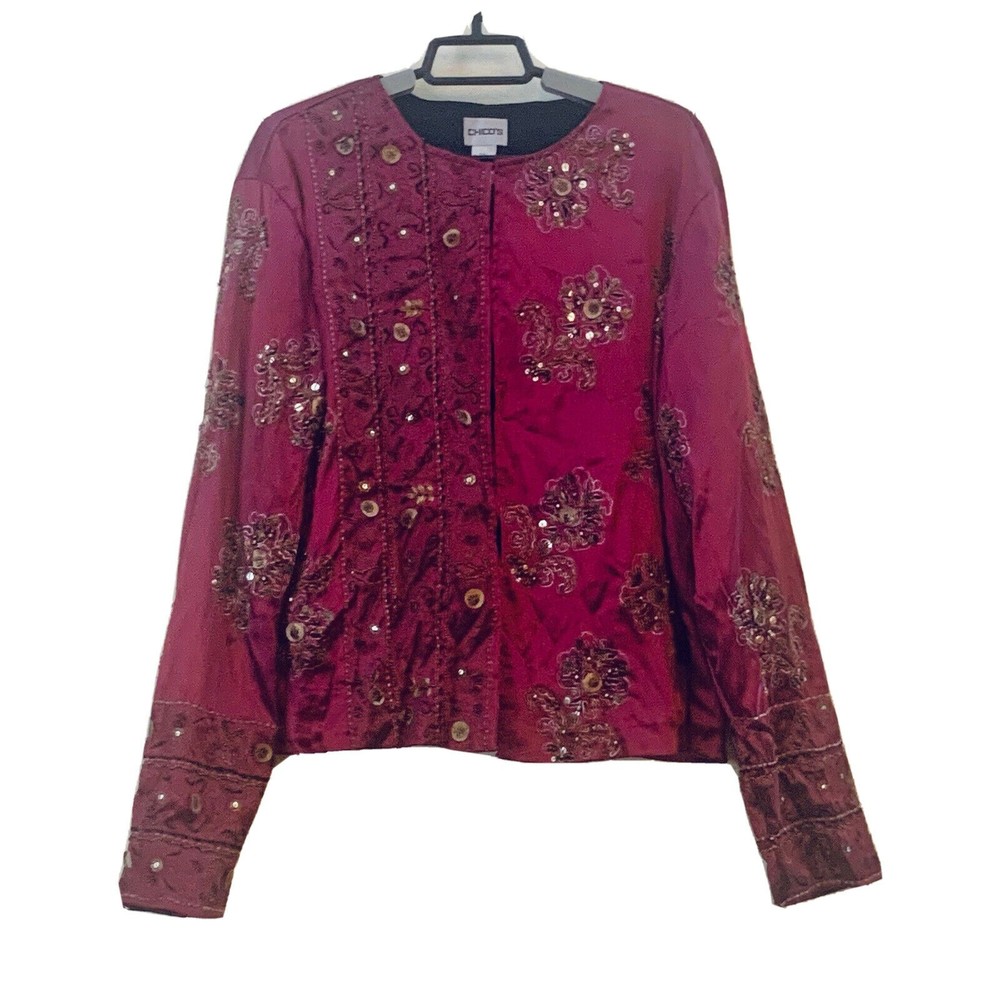 Chicos 2 Fuchsia Top Jacket Shracket Beaded Size L GUC